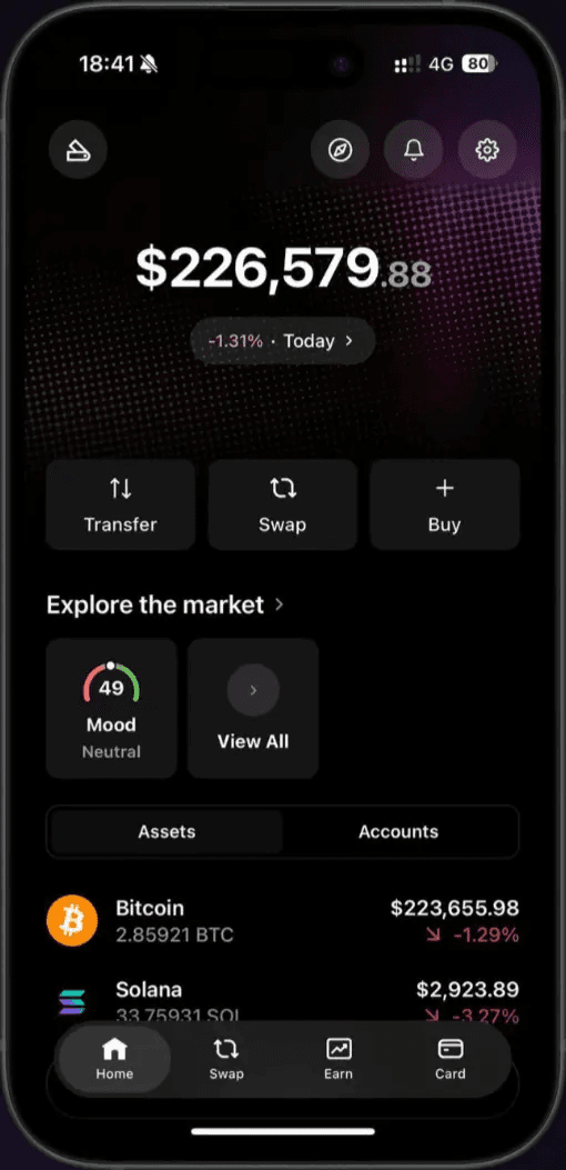 GhostCrypto app — home screen with token balances